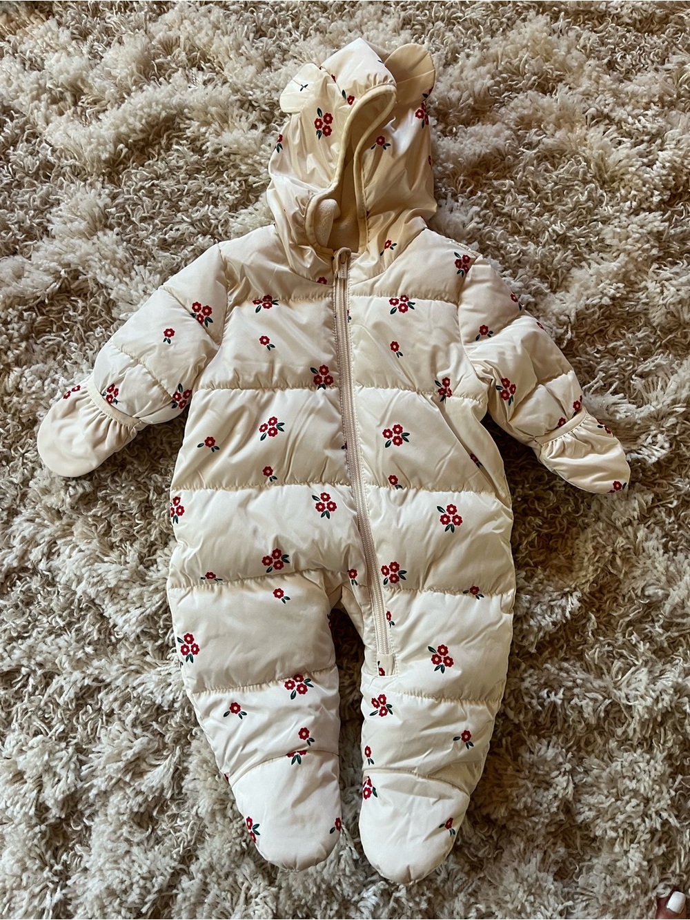 Old Navy Cream Floral Puffer One-Piece Snowsuit with Hood